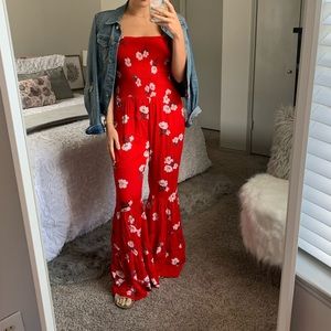 Red floral romper